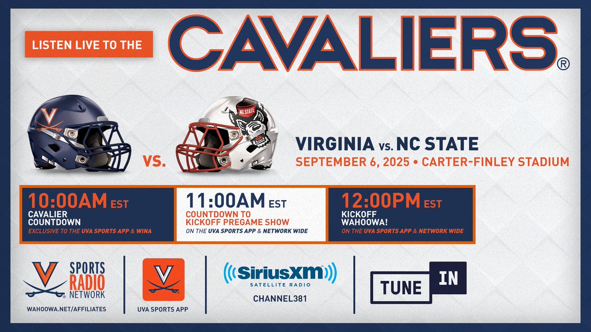 JohnFreemanUVA's tweet photo. Network broadcast info for Saturday. We got @MattSchaub back on the mic this week. Last time he was in Raleigh, he threw for 393yds and 4 TD. https://t.co/inIMIx5TBc