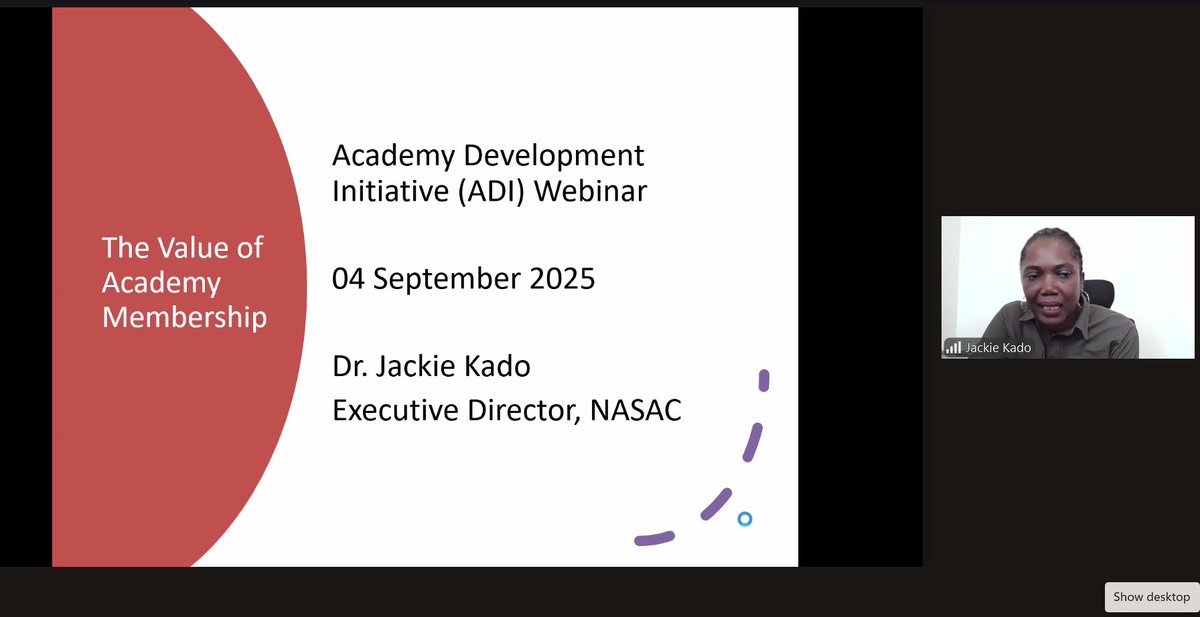 🚨 Happening Now!
The NASAC ADI Webinar on “The Value of Academy Membership” is LIVE 🎥✨
Join us as Dr. Jackie Kado shares insights on the importance &amp; benefits of academy membership.

👉 Register &amp; join here: shorturl.at/rIwXM

#NASAC #ADIWebinar #AcademyMembership