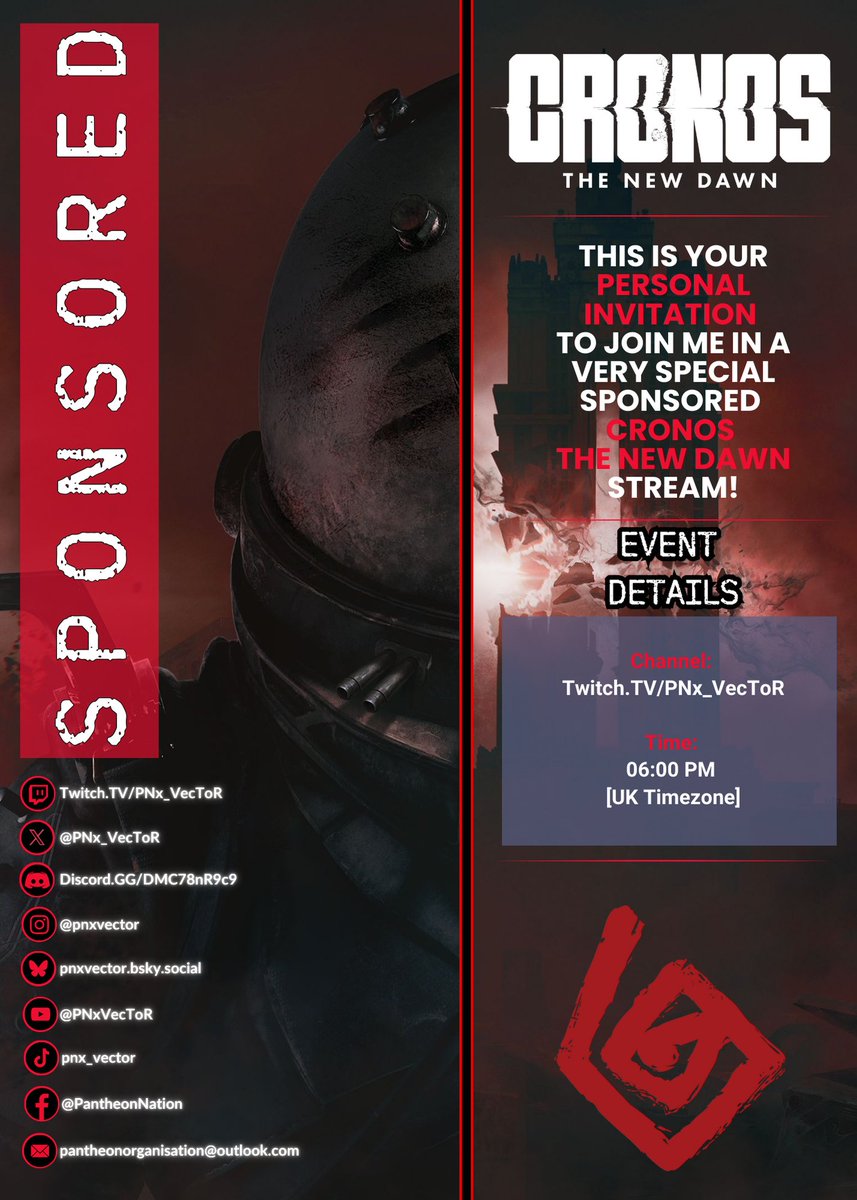PNx_VecToR's tweet photo. Good Morning/Afternoon everyone!
It is with great pleasure to announce that @BlooberTeam have reached out and have given me a copy of @CronosNewDawn!
I will be streaming a series of SPONSORED streams via playing Cronos The New Dawn via Xbox Series X!
For those of you interested, this is YOUR personal invitation to join me over on https://t.co/LMuENqdm1I as we delve into Cronos and etch ever closer to 5,000 following on my Twitch channel.
I would like to personally thank the team over at Bloober for giving me this opportunity. I cannot wait to delve into Cronos The New Dawn!
#CronosTheNewDawn #BlooberTeam #PNxVecToR #Twitch #TwitchStreamer #Sponsored #Gaming #PCGaming #Playstation #Xbox #Promo #RT #GamingRT