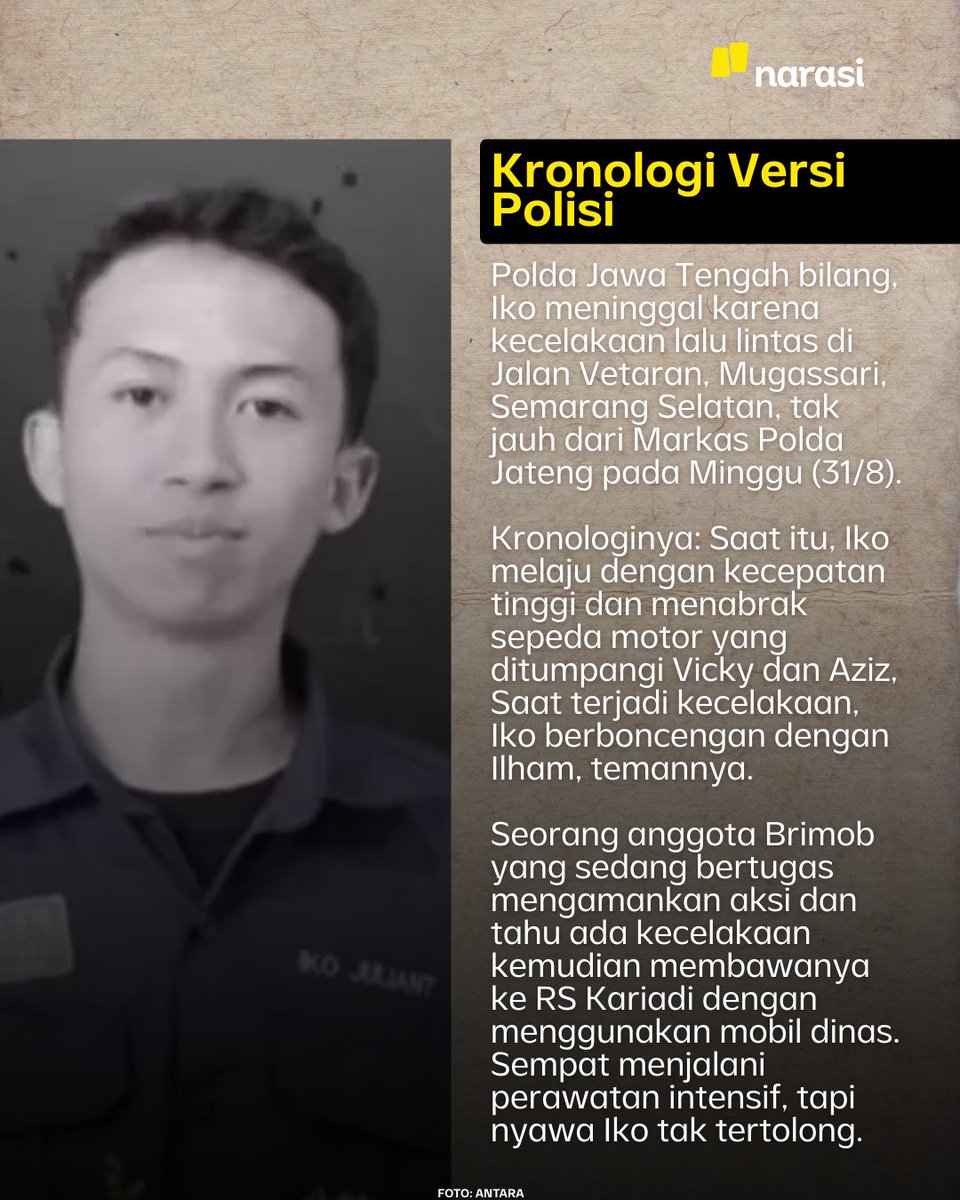 NarasiNewsroom's tweet image. Kematian Iko Juliant Junior (19), mahasiswa Fakultas Hukum Unnes, masih menyisakan banyak tanda tanya.

Benarkah ia meninggal karena kecelakaan lalu lintas, atau ada sebab lain yang belum terang?

| Narasi Daily