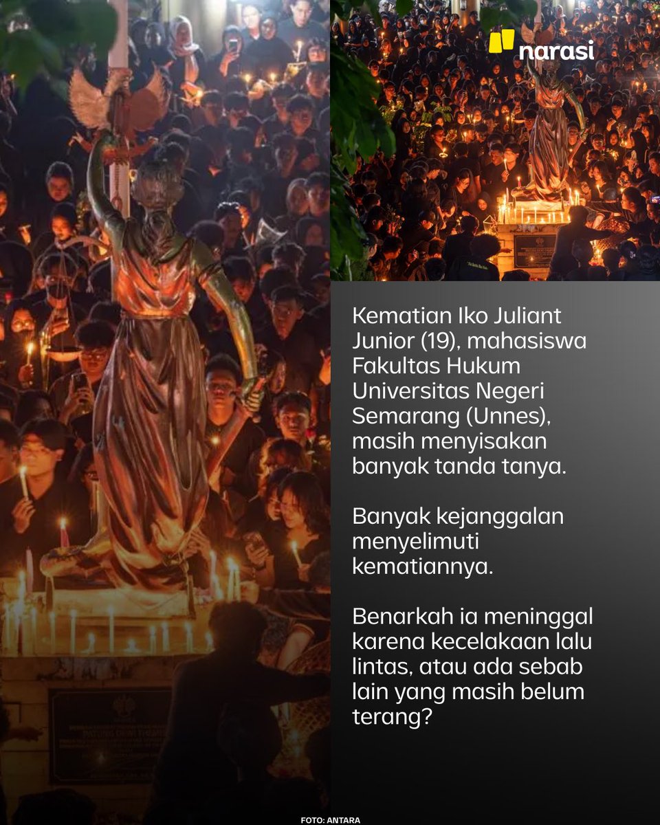 NarasiNewsroom's tweet image. Kematian Iko Juliant Junior (19), mahasiswa Fakultas Hukum Unnes, masih menyisakan banyak tanda tanya.

Benarkah ia meninggal karena kecelakaan lalu lintas, atau ada sebab lain yang belum terang?

| Narasi Daily