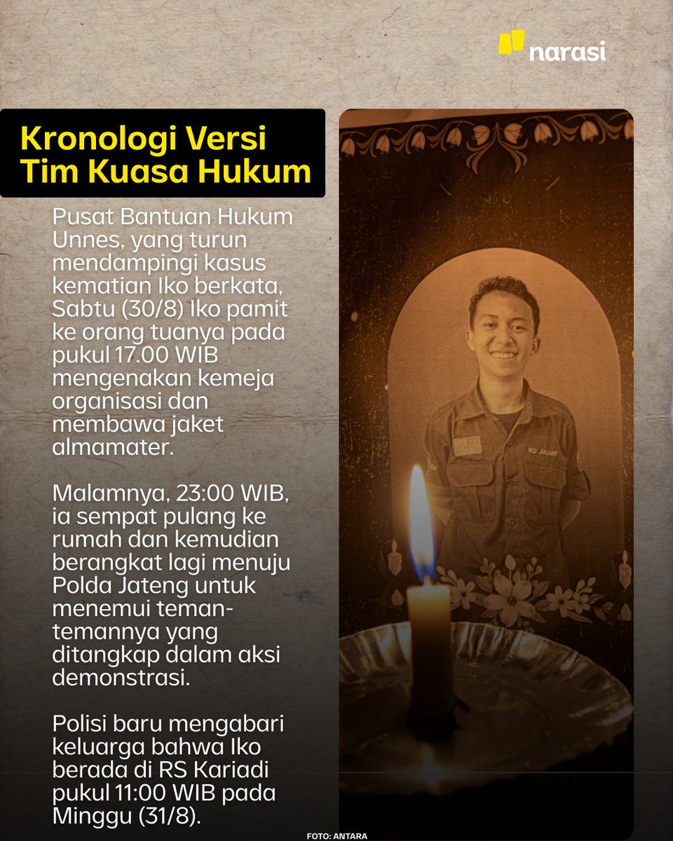 NarasiNewsroom's tweet image. Kematian Iko Juliant Junior (19), mahasiswa Fakultas Hukum Unnes, masih menyisakan banyak tanda tanya.

Benarkah ia meninggal karena kecelakaan lalu lintas, atau ada sebab lain yang belum terang?

| Narasi Daily