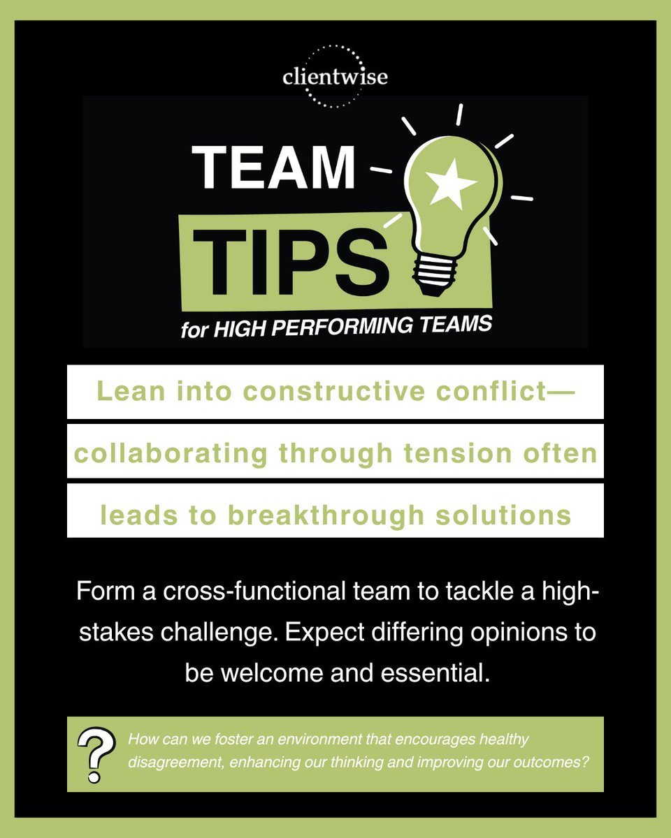 ClientWise's tweet image. Breakthroughs often come from leaning into tension—not avoiding it.

#ClientWiseTips #CollaborativeLeadership #ConstructiveConflict #AdvisorExcellence #TeamInnovation #GrowthCulture #HighPerformanceTeams #LeadershipDevelopment #FinancialAdvisorCoach