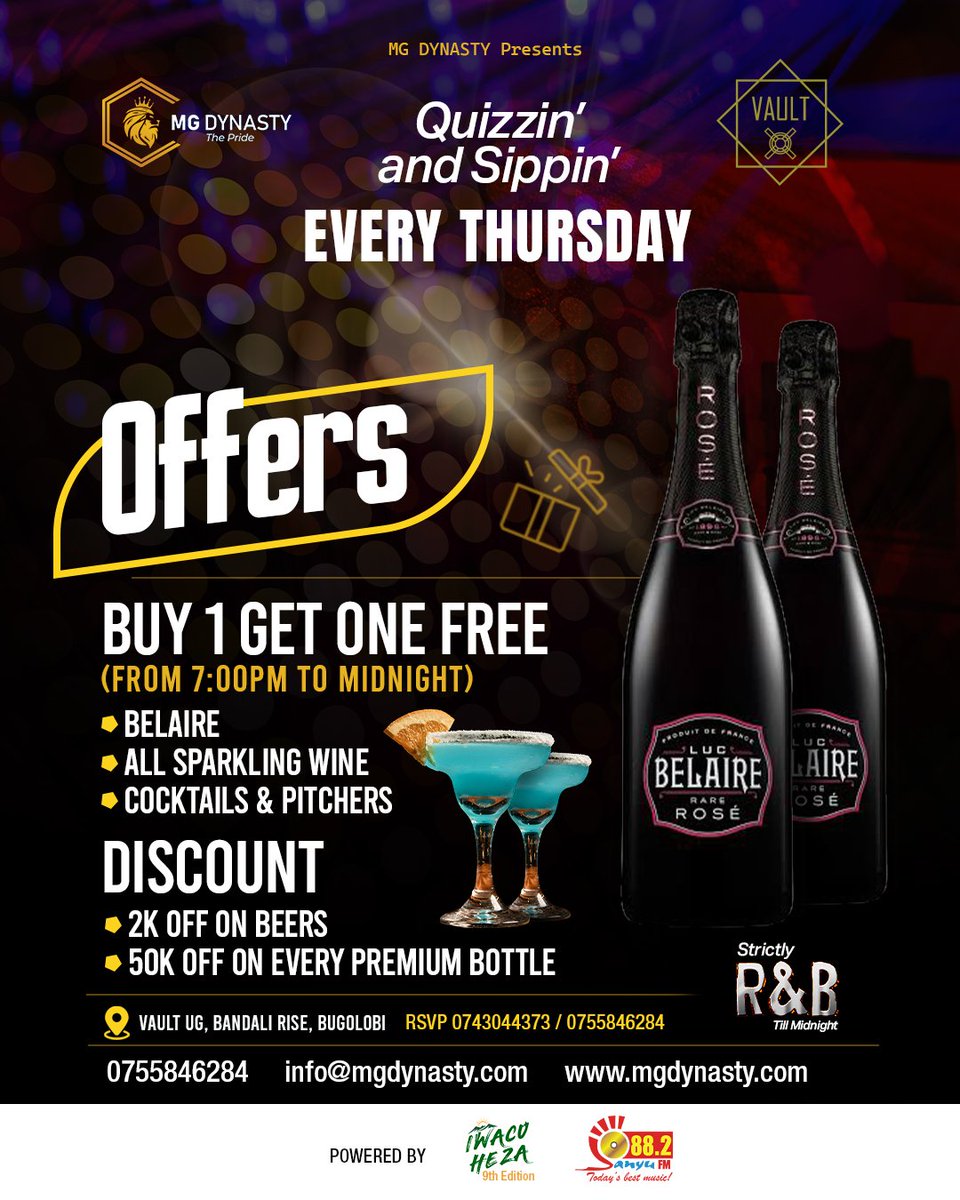 MG Dynasty (@mgdynasty256) on Twitter photo Tonight
📍 <a href="/VaultUg/">VAULT UG</a>
#QuizzinAndSippin
Your hosts Siima <a href="/kanyindo/">Siima Kyakuhaire</a> and Sandra Teta
<a href="/882SanyuFM/">88.2 Sanyu FM</a> x <a href="/PrudentialUG/">Prudential Uganda</a>
See y'all there Tonight
📍 <a href="/VaultUg/">VAULT UG</a>
#QuizzinAndSippin
Your hosts Siima <a href="/kanyindo/">Siima Kyakuhaire</a> and Sandra Teta
<a href="/882SanyuFM/">88.2 Sanyu FM</a> x <a href="/PrudentialUG/">Prudential Uganda</a>
See y'all there