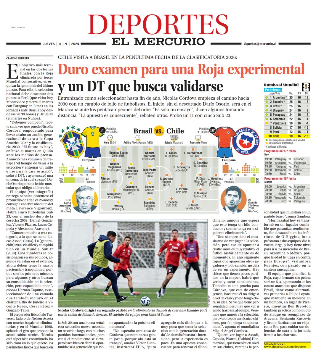 Hoy en la edición impresa: El nuevo ciclo de la Roja se estrena ante Brasil en Río de Janeiro · El Scratch tendrá una propuesta muy ofensiva · Todo lo que se juega en la penúltima fecha eliminatoria · Djokovic enseña su vigencia en el US Open.
Detalles en elmercurio.com/deportes