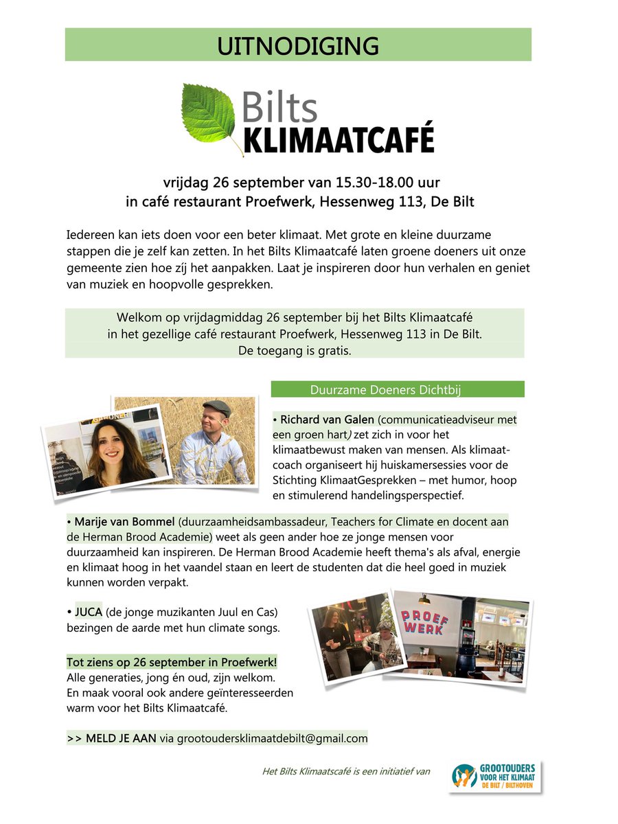 💚 Bilts Klimaatcafé editie 2 !
Een hoopvolle plek in een roerige wereld 🌏
✅ Laat je inspireren door Teachers for Climate en <a href="/klimaatgesprek/">KlimaatGesprekken ❤️🌳</a>
🤗 Gezelligheid en mooie ontmoetingen 
🎸 Muziek van JUCA

⏰ 26 september 16-18 uur
Toegang GRATIS