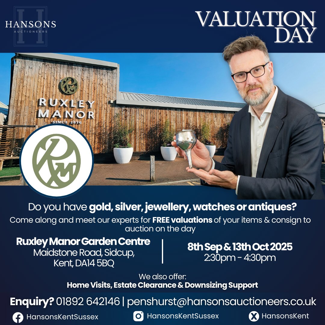 📣 Sidcup Valuation Day

🗓 Mon 8 Sept | 🕑 2:30–4:30pm
📍 Ruxley Manor Garden Centre, Sidcup

No appointment needed – bring your items for free expert valuations &amp; consign on the spot!

👉 Full details: fb.me/e/6rWXSnuh4

#HansonsAuctioneers #FreeValuationDay <a href="/HansonsUK/">Hansons Auctioneers</a>