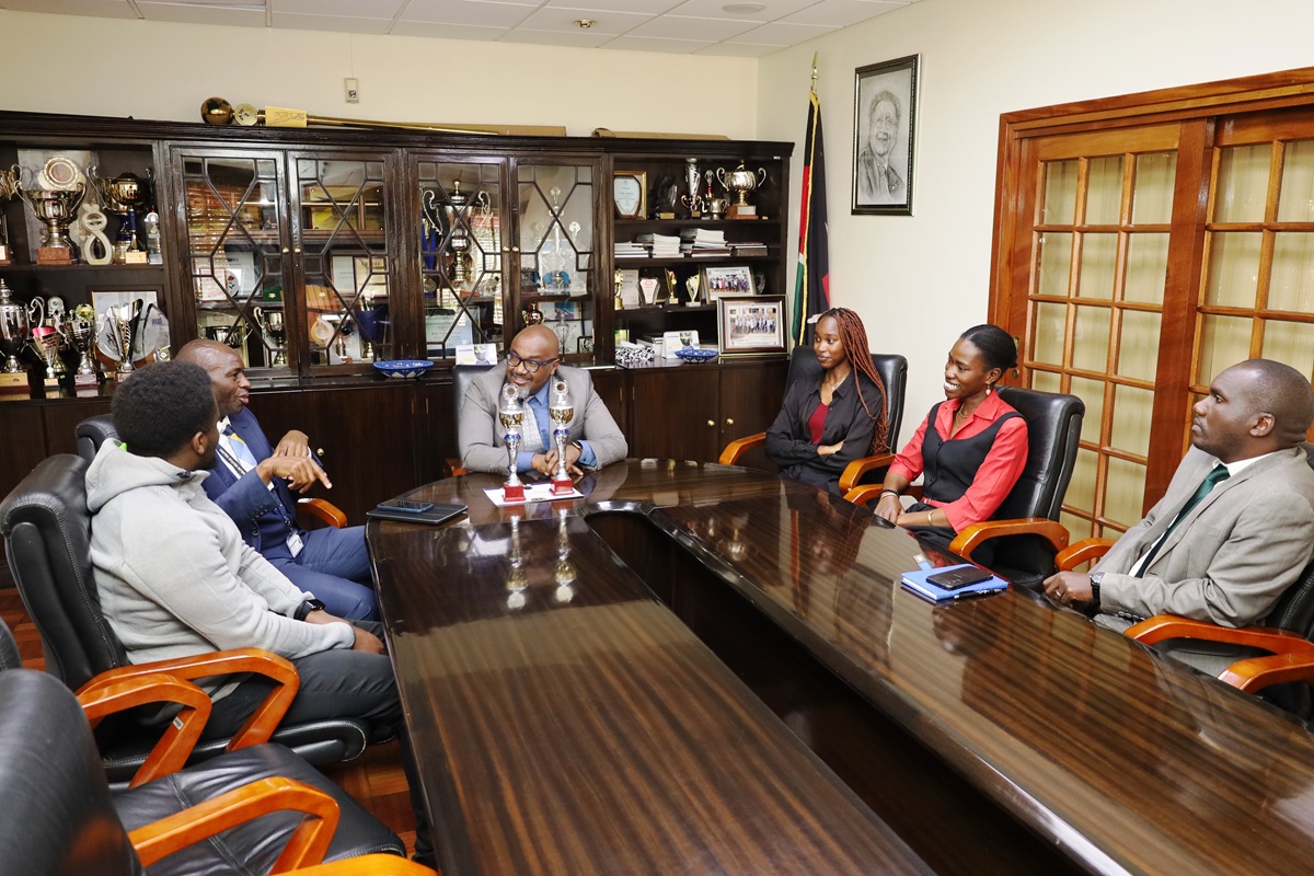 Following their successful performance, the ADR Moot Team - Whitney Akinyi, Lola Waeni, Benjamin Kitonga, and Karlton Kaunga (in absentia) - met the VC Prof. Mwenda Ntarangwi to reflect on their journey and present trophies won at the 3rd Lady Justice Joyce Aluoch International