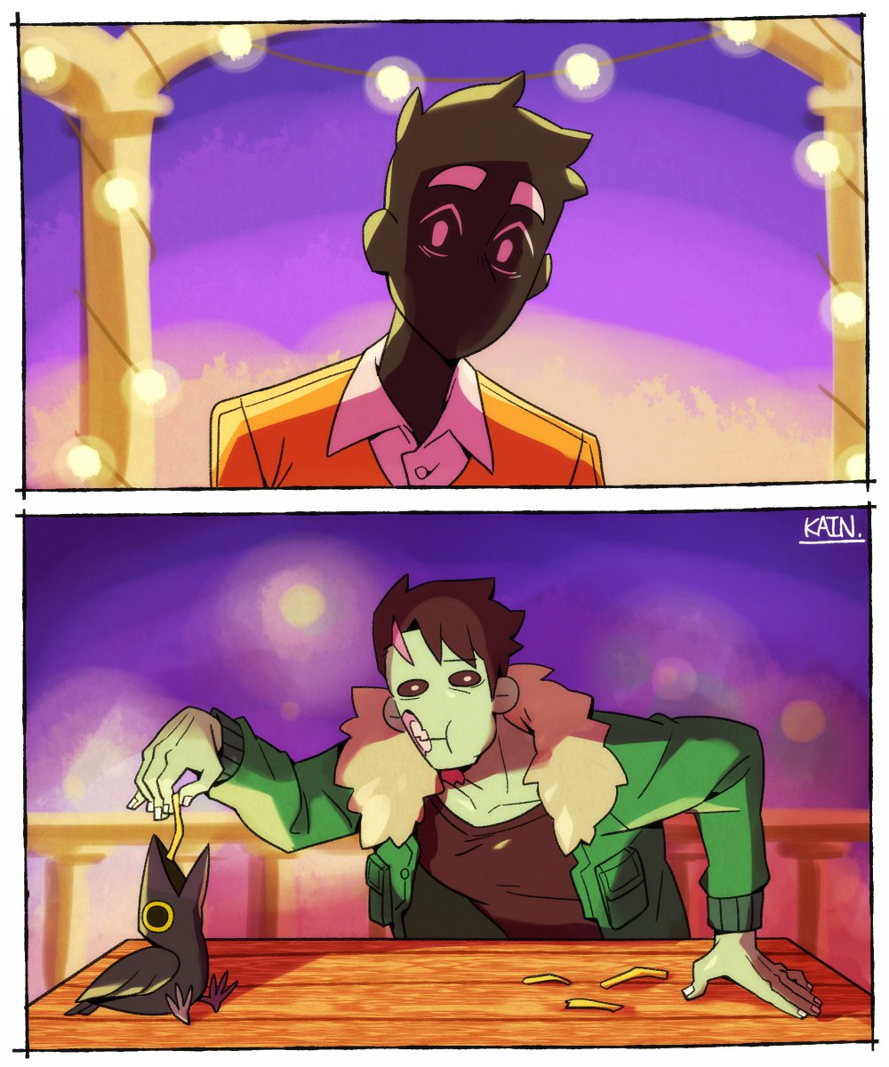kainorigin's tweet photo. #monsterprom #monsterpromfanart 
Brian, why are you eating leftover cold fries with the bird? https://t.co/AugYwnOVWI