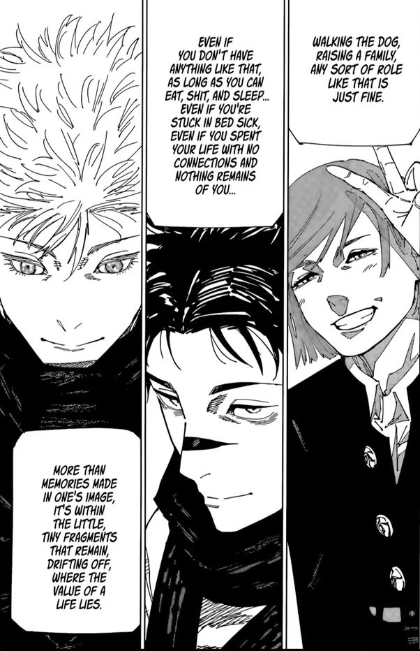 sukuna’s twins soul was described as a “fragment” that bounced around until he reincarnated

one of the last panels we see of GOJO says “TINY LITTLE FRAGMENTS DRIFTING OFF” are where the value of life lies…now lets say gojo’s soul drifted too. 

GOJO REINCARNATION IN #MOJURO ‼️