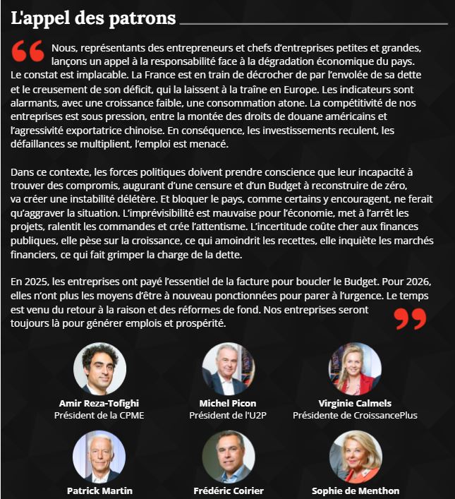 🔴🤝 « L’appel des patrons » publié par <a href="/Challenges/">Challenges</a> &amp; signé par <a href="/AmirRT/">Amir Reza-Tofighi</a> CPME &amp; <a href="/U2P_france/">U2P</a> <a href="/medef/">Mouvement des Entreprises de France</a> <a href="/CroissancePlus/">CroissancePlus</a> <a href="/M__ETI/">Mouvement des #ETI</a> @MouvETHICappelle appelle à la responsabilité et au refus de nouvelles charges pesant sur nos TPE-PME.