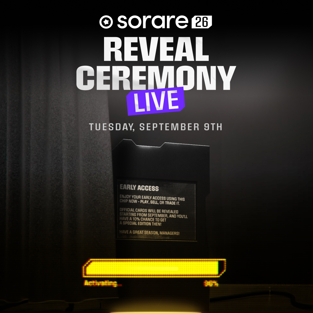 Sorare's tweet image. Initialization complete...

Reveal Ceremony scheduled for Tuesday, September 9.

Get ready to download your 25/26 Season cards... and more! 👀