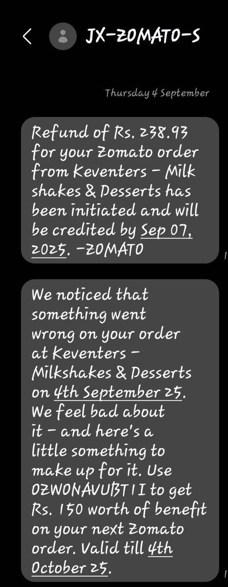MaharshiMehta9's tweet photo. @zomato Got refund of ₹238.93 for my Keventers order, but refund alone isn’t enough. Food never delivered (just 3.7 km away), 2+ hrs delay, delivery partner unreachable, guests left waiting in embarrassment. I demand compensation for harassment. #ConsumerRights#Zomatofail https://t.co/qkRyfTXAOs