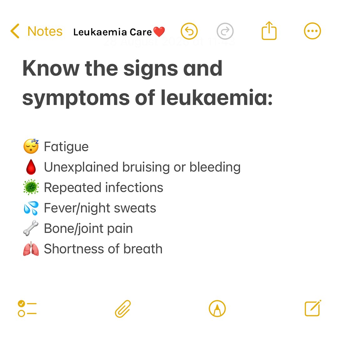 Repost to help raise awareness this #WorldLeukaemiaDay.

Know the symptoms of leukaemia ⬇️
😴 Fatigue
🩸 Unexplained bruising/bleeding
🦠 Repeated infections
💧 Fever/night sweats
🦴 Bone/joint pain
🌬️ Shortness of breath

#SpotLeukaemia #BloodCancerAwareness