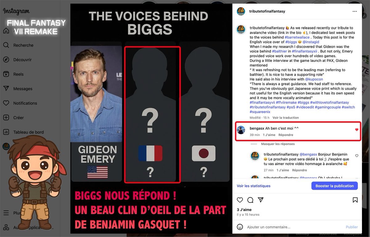 TributeToFF's tweet photo. Biggs lui-même nous a répondu sur Insta ! 🤩
Après Marie Chevalot (Jessie), c’est maintenant Benjamin Gasquet, la voix française de Biggs dans #FF7Remake &amp; #FF7Rebirth, qui nous fait un coucou !
Tous les deux ont fait un boulot incroyable — et ils sont super sympas ! ❤️ #FF7R https://t.co/KtGBQbvLxo