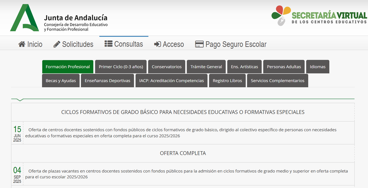 🟢¡Ya están disponibles las vacantes de #FPAndaluza de grado medio y superior en oferta completa! <a href="/EducaAnd/">Consejería Desarrollo Educativo y FP</a> 
➡️Consulta las plazas vacantes en la Secretaría Virtual. En breve os informaremos cómo solicitarlas.
🔗juntadeandalucia.es/educacion/secr…