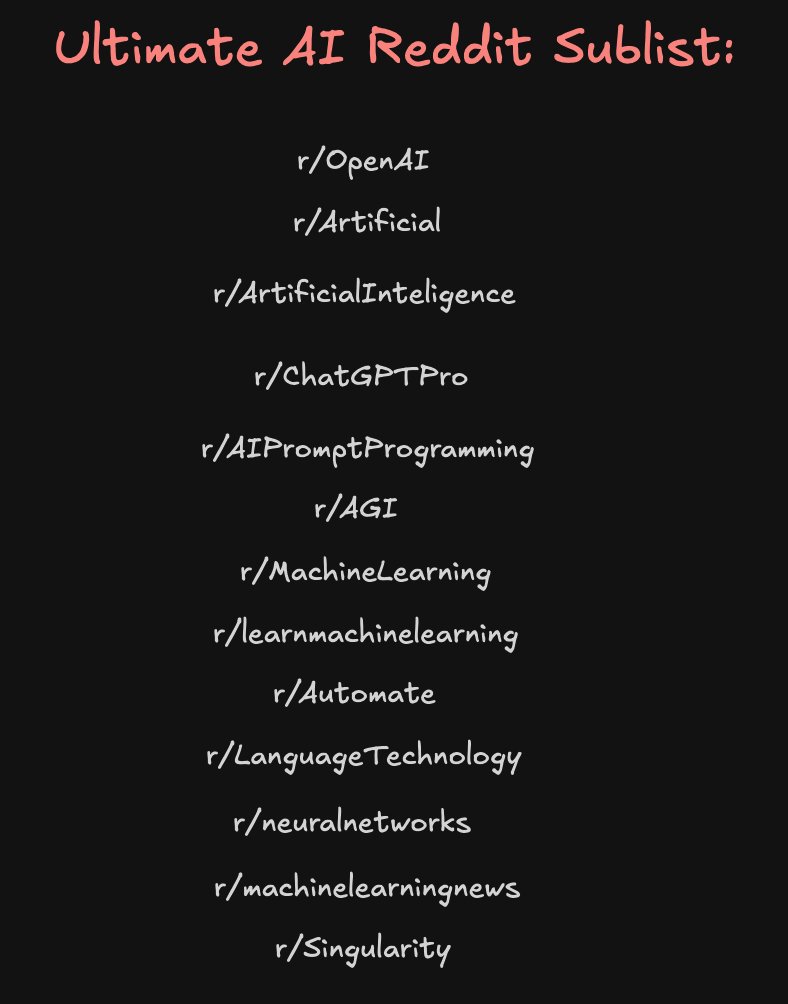 milesdeutscher's tweet image. One of the best places to hunt AI alpha is Reddit.

So many cool tips, products, and prompts are being shared daily.

Oftentimes, you can get early access, discounts (or even free) access to AI tools.

Here are all the Reddit AI communities I scan regularly: