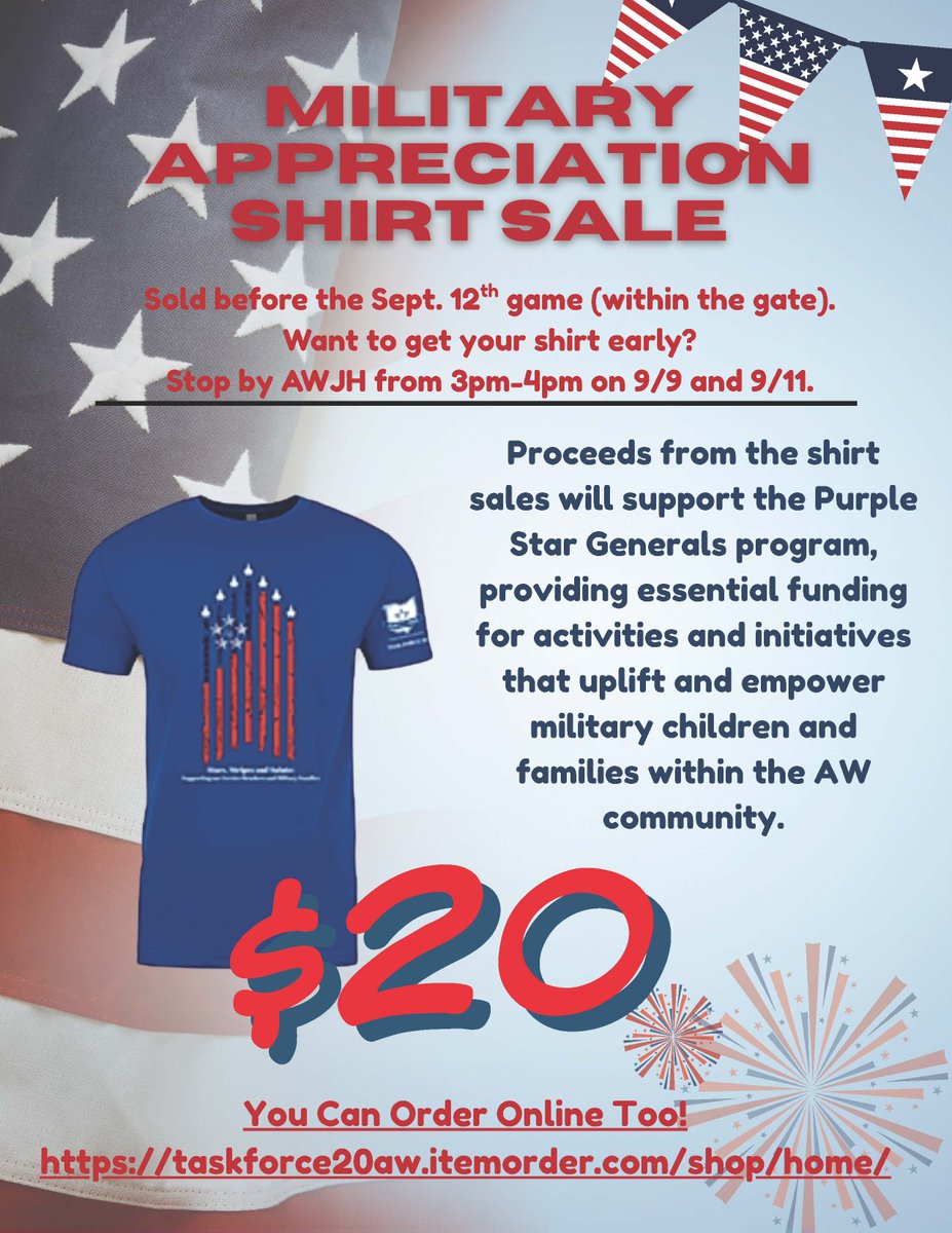 awgenerals's tweet image. 🇺🇸Military Appreciation Night is Friday, Sept. 12. 🇺🇸
Get excited for:
✈️a thrilling flyover by the 180th Fighter Wing
🎟️ free admission for veterans & active duty service members
👕 sales that support AW Purple Star students
Learn more:
AnthonyWayneSchools.org/AWLSNews
❤️🤍💙