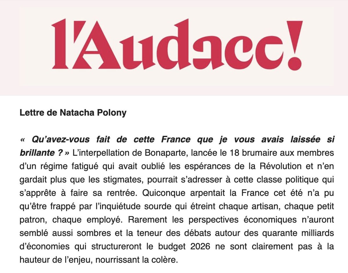 Découvrez la lettre de rentrée de Natacha Polony en laissant votre mail ici : 🔗 fr.ulule.com/l-audace--la-r…
