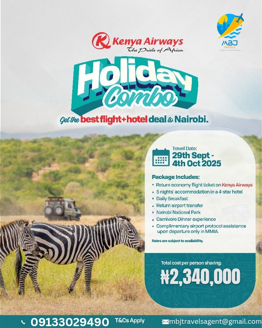 callmembj11's tweet photo. 🌍✨ Discover the ultimate Nairobi getaway with Kenya Airways' Holiday Combo! Enjoy flights, a 4-star hotel, safari, and more from Sept 29 - Oct 4, 2025, for just ₦2,340,000. Book now!

https://t.co/0cLVZsb9Lq

#TravelAfrica #NairobiAdventure #KenyaAirways #HolidayCombo https://t.co/nsosc2c7xB