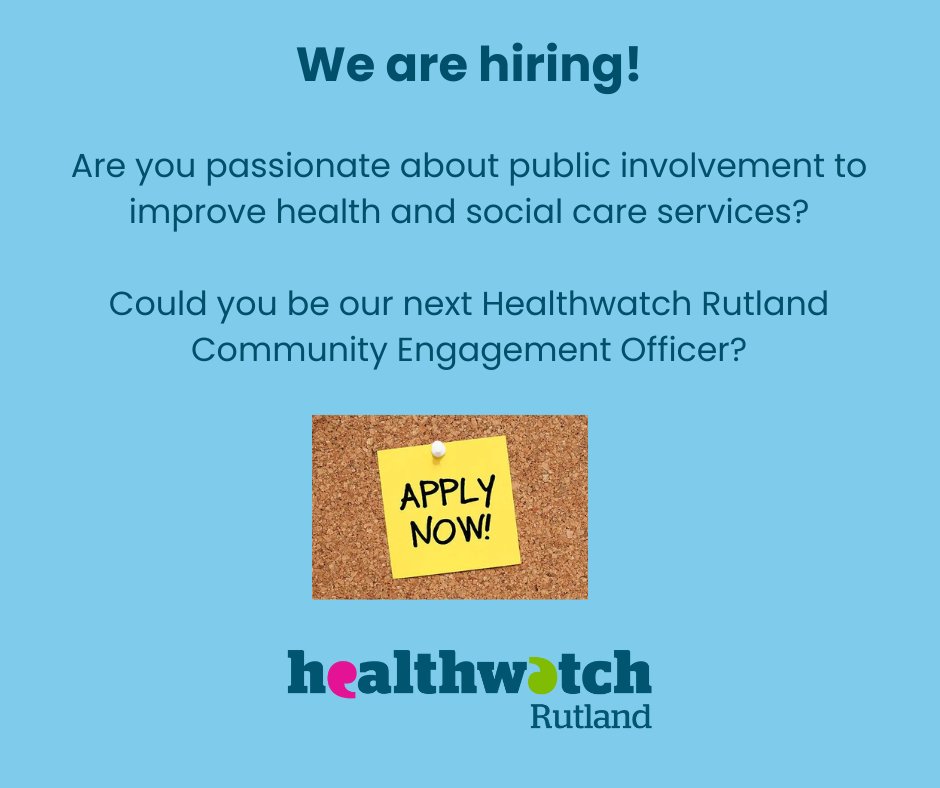 Healthwatch Rutland (@hwrutland) on Twitter photo We have an exciting opportunity for a part time Healthwatch Engagement officer on a 12 month, fixed term contract. You will support our volunteers, engage with communities and help people who need information and signposting to health and care services: healthwatchrutland.co.uk/work-us We have an exciting opportunity for a part time Healthwatch Engagement officer on a 12 month, fixed term contract. You will support our volunteers, engage with communities and help people who need information and signposting to health and care services: healthwatchrutland.co.uk/work-us