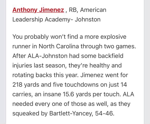 Thank you <a href="/PrepRedzoneNC/">Prep Redzone North Carolina</a> <a href="/whelms21/">Will Helms</a> for the write up 
<a href="/ALAJohnstonFB/">ALAJOHNSTONFOOTBALL</a> <a href="/CoachNBlackburn/">Nate Blackburn</a> 
<a href="/NCWesleyanFB/">NC Wesleyan Football</a> <a href="/FB_KnoxCollege/">Knox College Football</a> <a href="/CoachDomParello/">Dom Parello ‘19</a> <a href="/gobigrecruiting/">Go Big Recruiting</a> 
<a href="/CoachUlassin/">Nick Ulassin</a> <a href="/CoachTroyTaylor/">Troy Taylor 🏈🙏</a>