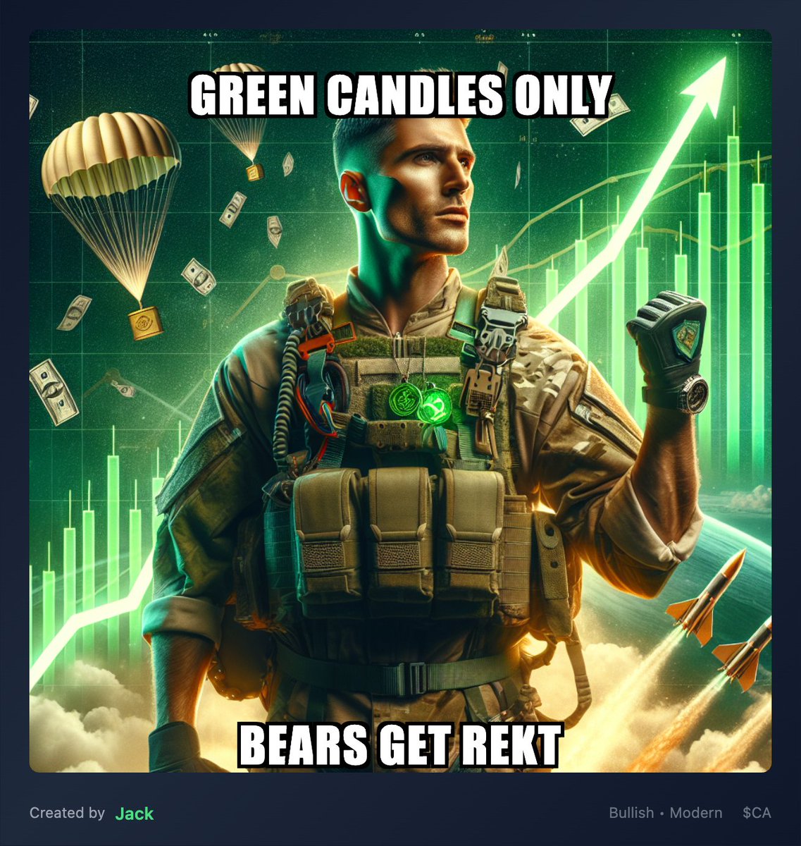 GREEN CANDLES ONLY
BEARS GET REKT

Meme by Jack 🎖️ #CroArmy #CA #Cronos #CryptoMemes