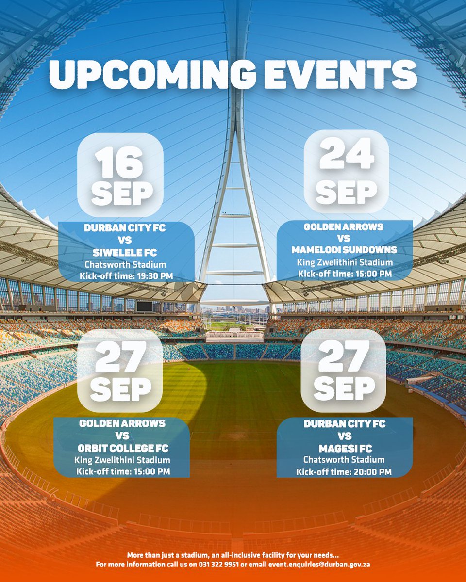 📅 Upcoming September Fixtures.

From Durban to Umlazi, the stadiums are coming alive with unmissable clashes 🔥⚽
Here’s your line-up. Save the dates, rally your crew and let’s fill the stands with energy! 💥

#MosesMabhidaStadium #SeptemberFixtures #SouthAfricanFootball