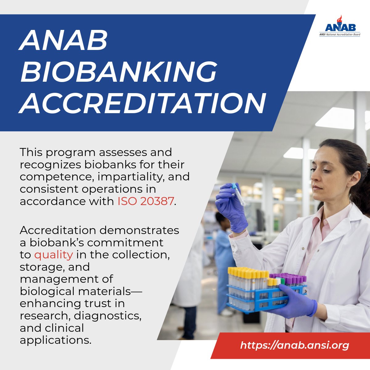 ansidotorg's tweet image. .@ANAB_ACCREDIT's biobanking accreditation program confirms that biobanks meet ISO 20387, which sets requirements for the competence, impartiality, and consistent operations of #Biobanks. By getting accredited by ANAB, your organization can elevate confidence in biobanking!