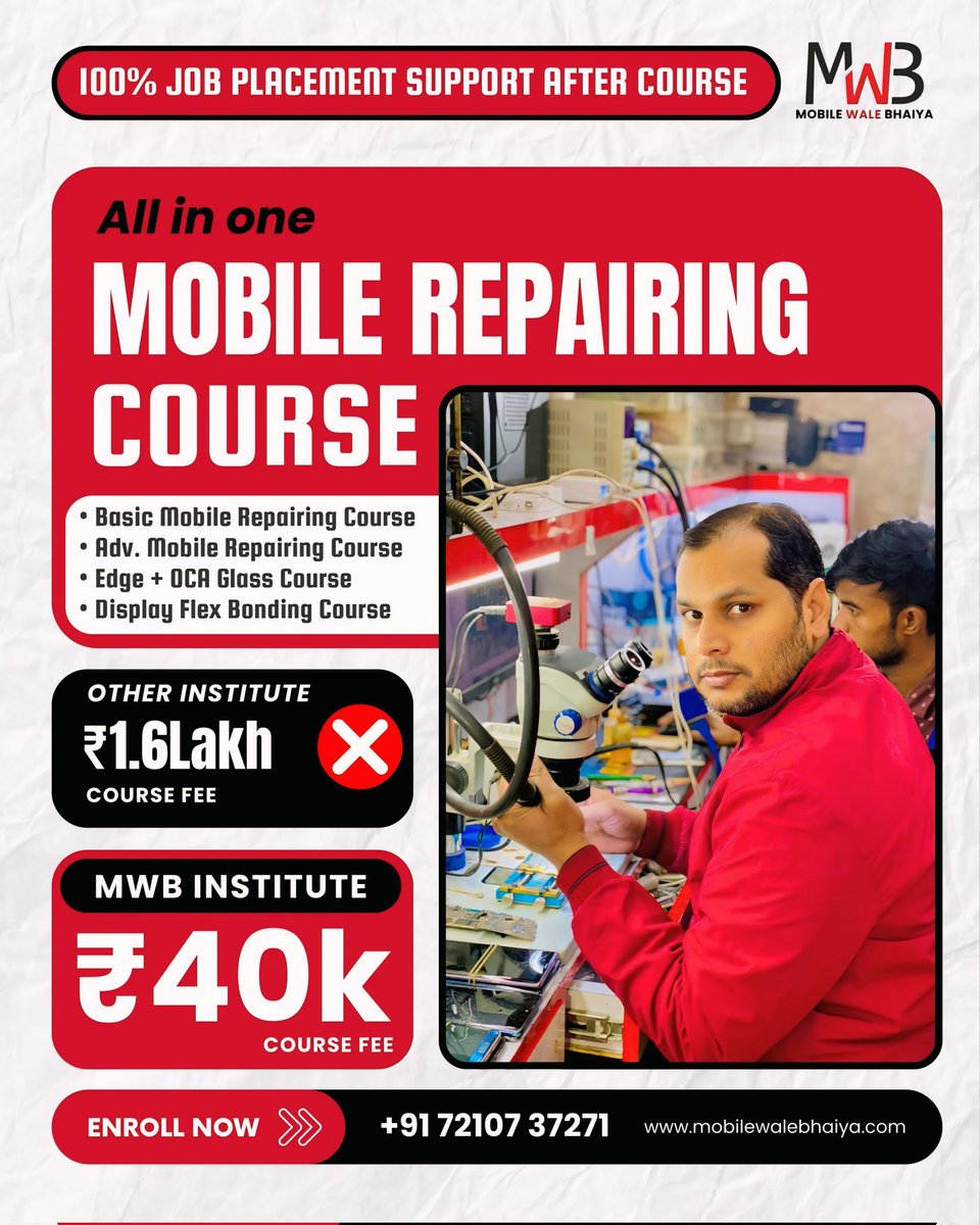 MWB_India's tweet image. 📱 Learn Mobile Repairing with MWB Institute
🔧 From Basic to Advanced + OCA Glass + Flex Bonding
💰 Complete Course just ₹40k (worth ₹1.6 Lakh elsewhere)
✅ 100% Job Placement Support

📞 Call: +91 72107 37271 | 📍 Uttam Nagar, Delhi

#MobileRepairingCourse #MobileRepair #MWB