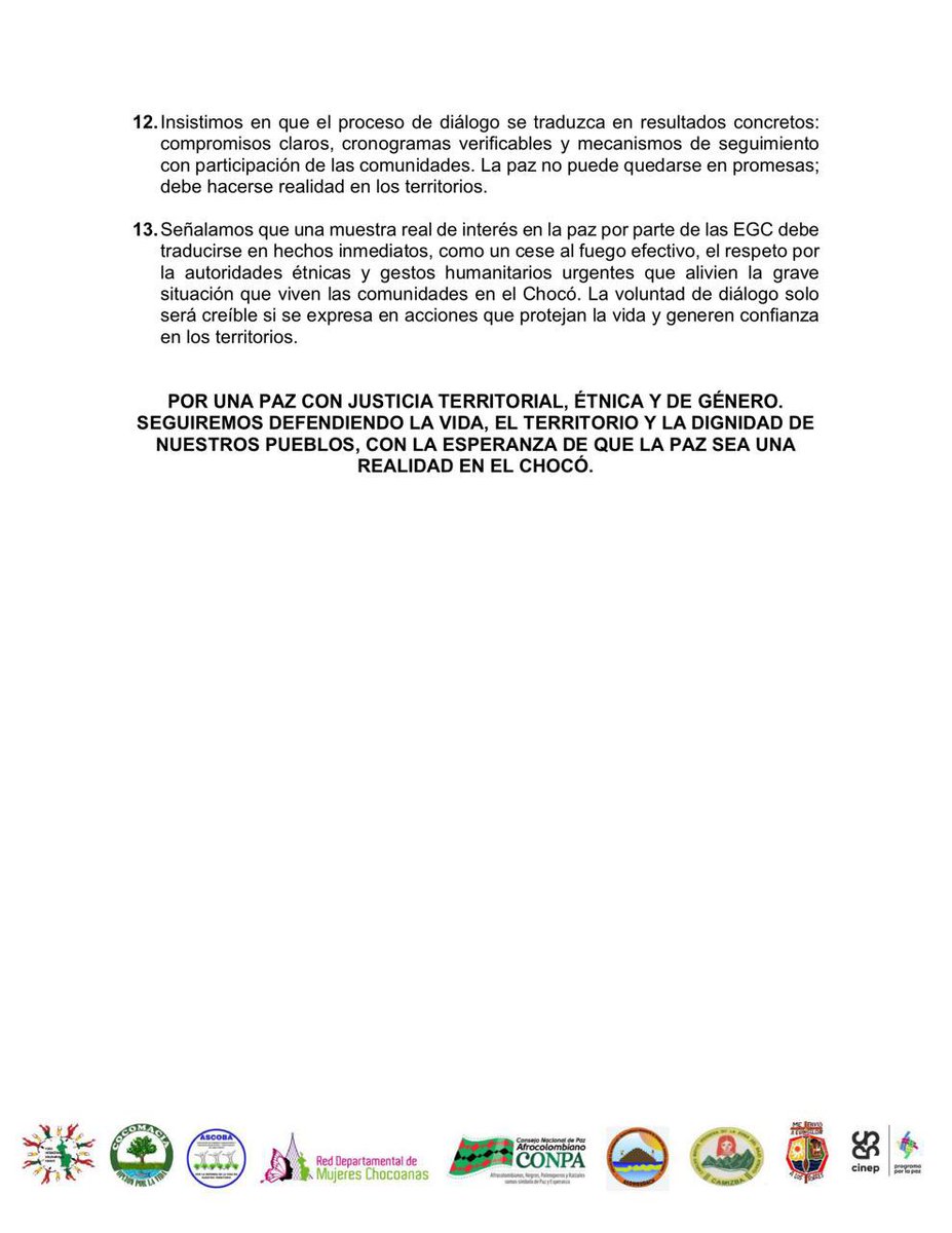 Nuestra voz es dignidad, nuestra vida es territorio, nuestra lucha es paz.