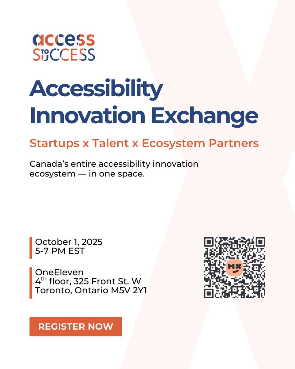 On Oct 1st, join us for the Accessibility Innovation Exchange as we bring together Canada’s entire accessibility innovation ecosystem all into one space. Join us for reverse pitches, inclusive hiring panel, networking &amp; more. 

events.humanitix.com/accessibility-…