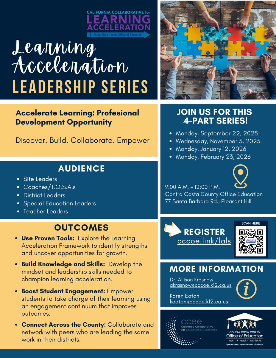 CoCoSchools's tweet image. 🌟 Join the Learning Acceleration Leadership Series! 
📅 9/22, 11/5, 1/12, 2/23 🕘 9 AM-12 PM at CCCOE. 
🔗 Register: cccoe.link/lals 
#CCCOE #LeadershipDevelopment #AccelerateLearning #EducatorPD
