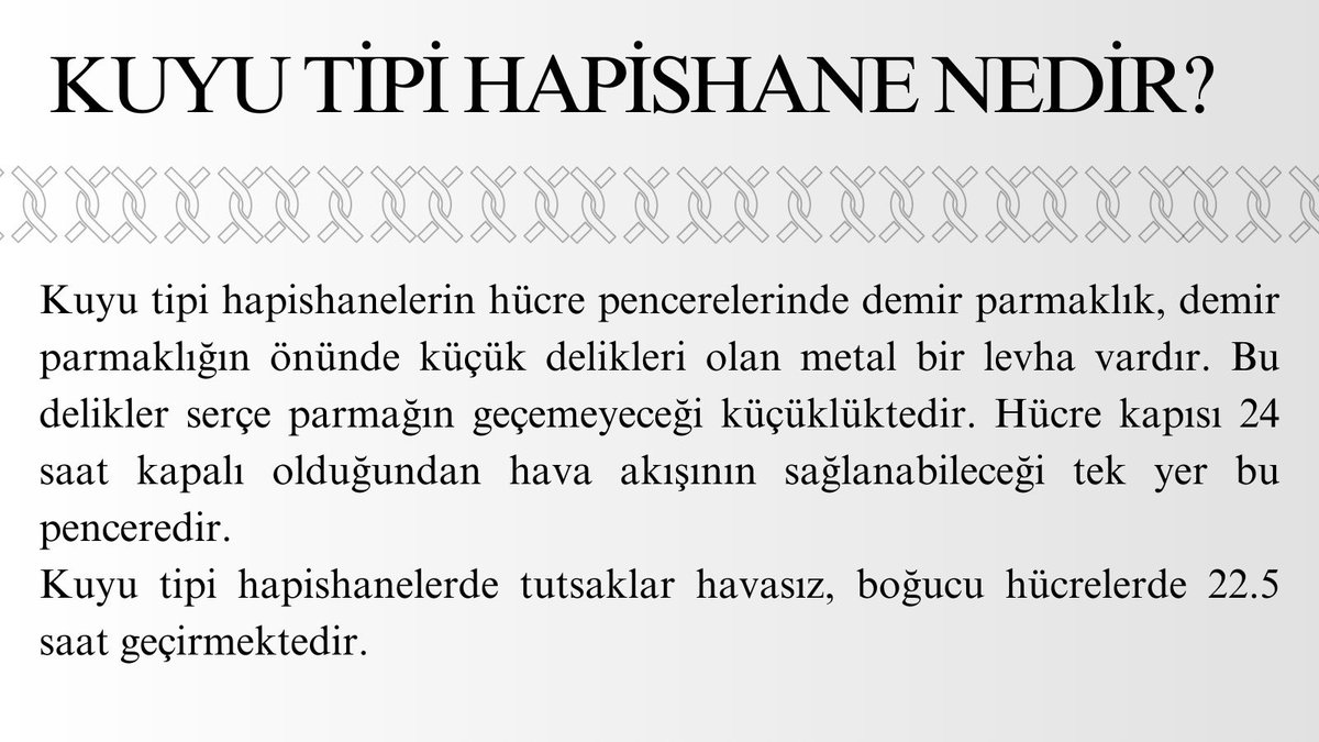 Kuyu Tipi Hapishane Nedir?-2

Boğucu sıcaklarda pencereyi açıp hava alamadığınız hücrede 23 saat geçirmektir.

#KuyuTipiHapishanelerKapatılsın