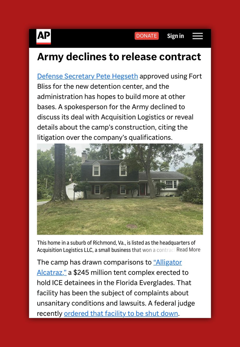 When the BBB approved $45 BILLION for immigration detention centers, I said it would turn into a giant contractor grift.

US Army awarded a $1.2 BILLION contract for a detention center to a small business w/ZERO experience &amp; operating out of a house that belongs to a 77-year old