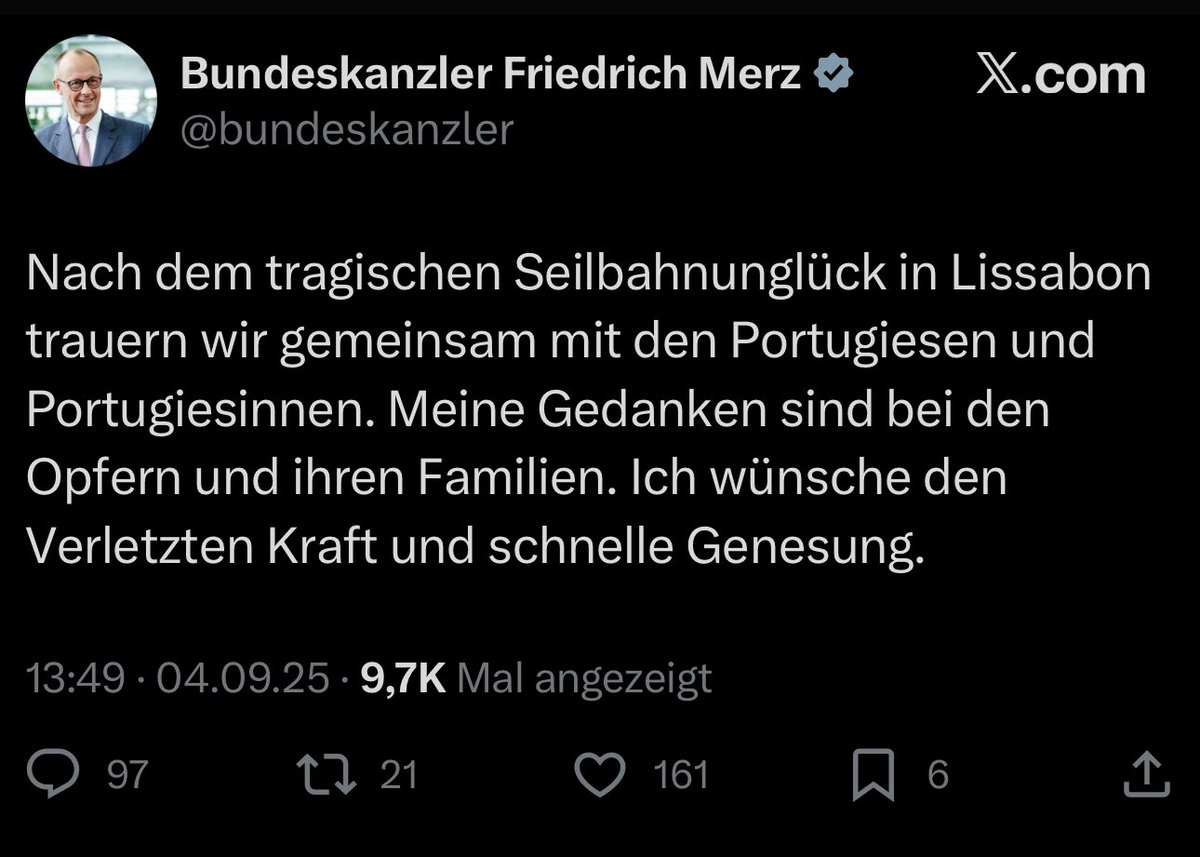 Um 13:00 rast ein Auto in Berlin in eine Menschenmenge. Mehrere verletze Kinder.
Um 13:49 twittert der Bundeskanzler der Bundesrepublik Deutschland das hier.

Wie sehr kann man sein eigenes Volk verachten? 
Friedrich Merz: JA. #Berlin