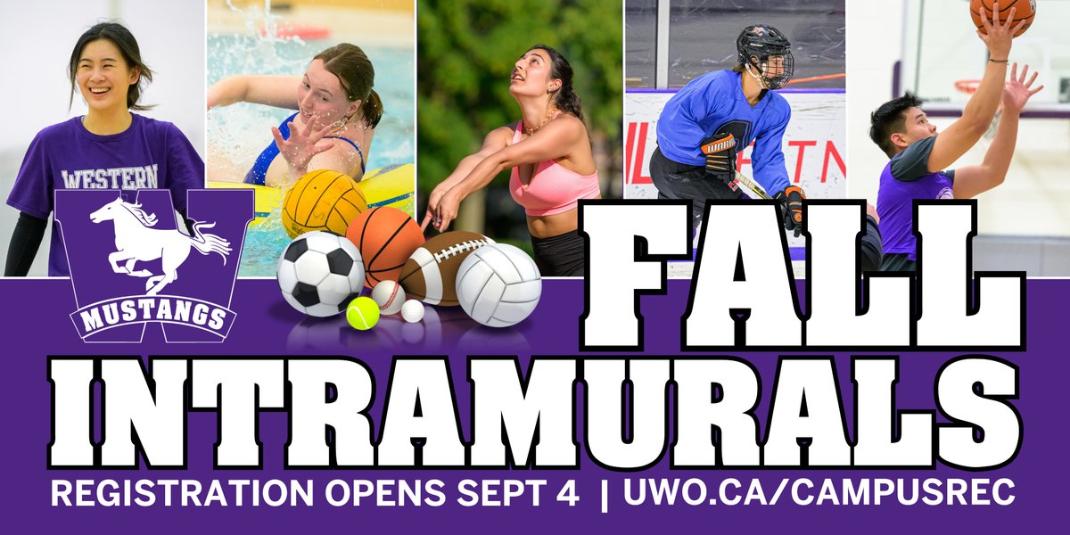 Registration is open for Western Fall 2025 Intramurals. Leagues fill up fast. Register as an individual or as a team. All skills levels are welcome. Wait lists are available.
uwo.ca/campusrec/intr…
#Intramurals #GetInvolved #StayActive #PurpleShirt #WesternU #YouGottaBeHere