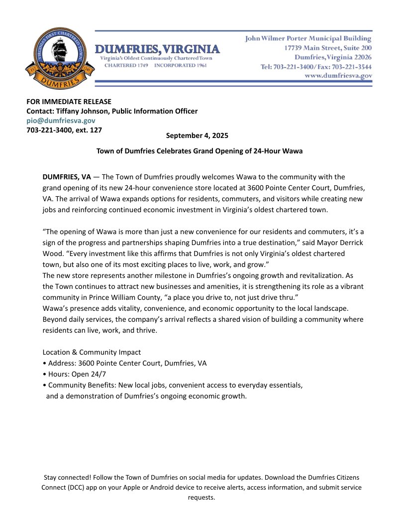 🚨 Welcome WAWA!!! 🚨

We’re proud to welcome Wawa to the Town! 🎉
📍 3600 Pointe Center Ct | ⏰ Open 24/7
Bringing Jobs, Convenience &amp; Growth—Dumfries is a place you drive TO, not just drive thru!

#destinationdumfries #wawa #welcome #growth #economy #townofdumfries