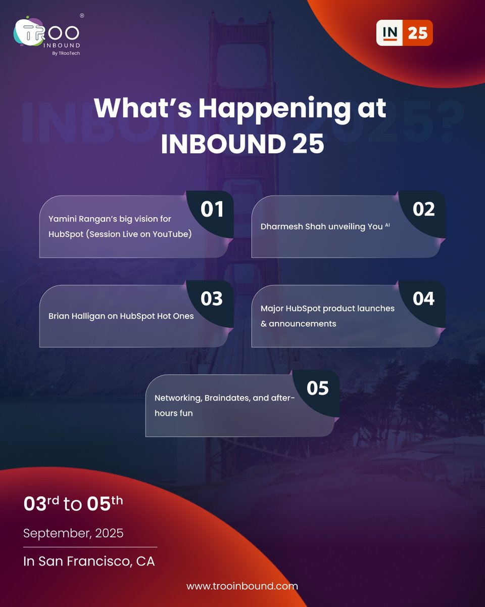 trooinbound's tweet image. INBOUND 2025 is officially underway in San Francisco!
Stay tuned with TRooInbound for exclusive insights, live updates, and all the buzz from INBOUND 25!
#INBOUND25 #HubSpot #HubSpotEvent #TRooInbound #EventUpdates #INBOUND2025 #IN25 #MarketingEvents