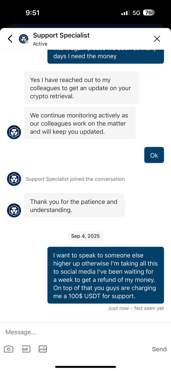 RA44W's tweet photo. @cryptocom I’ve been waiting for a refund for a week! On top of that you guys charged me 100$ USDT just for support in regard to a refund I haven’t even gotten after a week! https://t.co/v2WUKk9zMY
