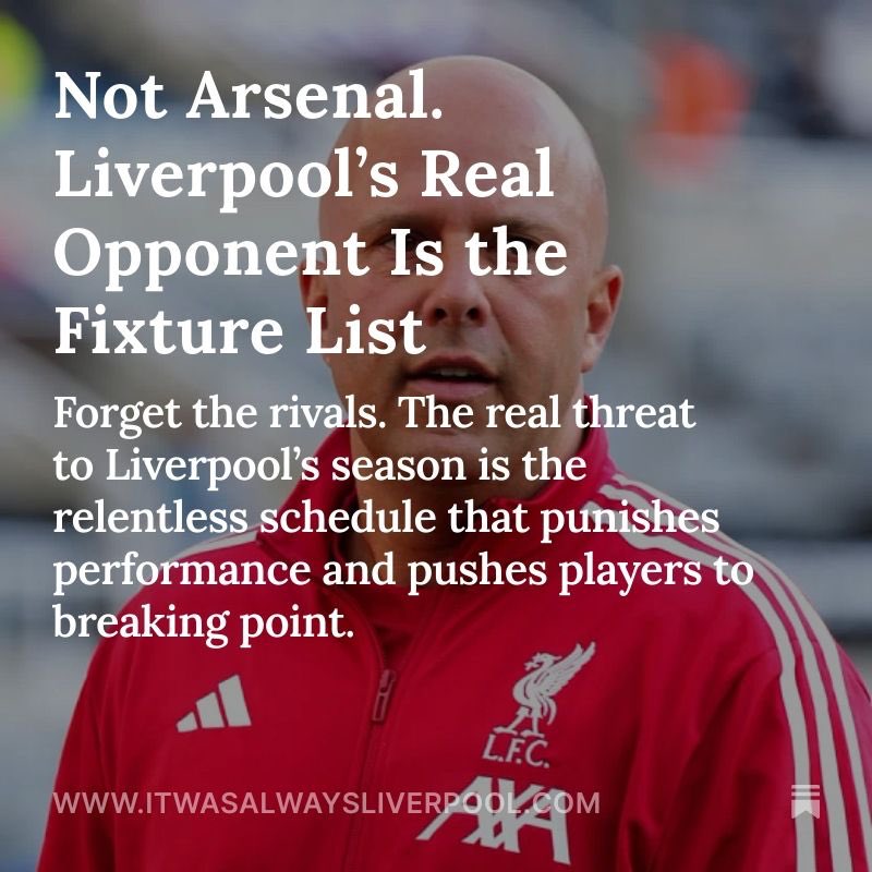 Pleased to be writing for the <a href="/AnfieldIndex/">AnfieldIndex</a> Substack, starting with a look at Liverpool’s toughest opponent this season: not Arsenal, the schedule.

🗓️ 7 games in 21 days
🧠 CNS fatigue
💥 Fast-twitch risks
✈️ 23,000 fewer miles travelled this break

This one’s about performance