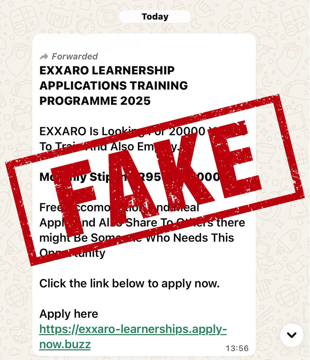 Job Scam Alert 🚨 

We are aware of a fraudulent message currently circulating online claiming to offer Exxaro learnership opportunities.  

Please note:

❌ This message is NOT from Exxaro.
❌  Exxaro would never  request payment for learnerships, internships, or job