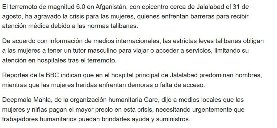A l'Afganistan hi ha uns 20 milions de dones invisibilitzades. No poden mostrar el cos, ni parlar ni compten per res. 
Què passa quan hi ha un terratrèmol a l'Afganistan com el de Jalalabad?
Que simplement, no se les atén
Però això no es notícia ni escàndol mundial.
Pel que sigui