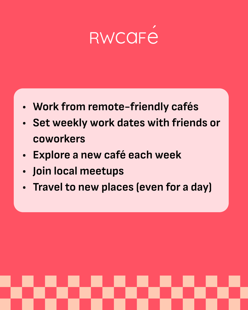 remoteworkcafe's tweet photo. Remote work feeling a little too remote? We put together 5 ways to stay social while working solo:

✅Work from cafés
✅Weekly work dates
✅Explore a new café weekly
✅Join local meetups
✅Day trips to new places

🔗Full blog post: https://t.co/2tUE0sghSK

#remotework https://t.co/e19eHqbwxj
