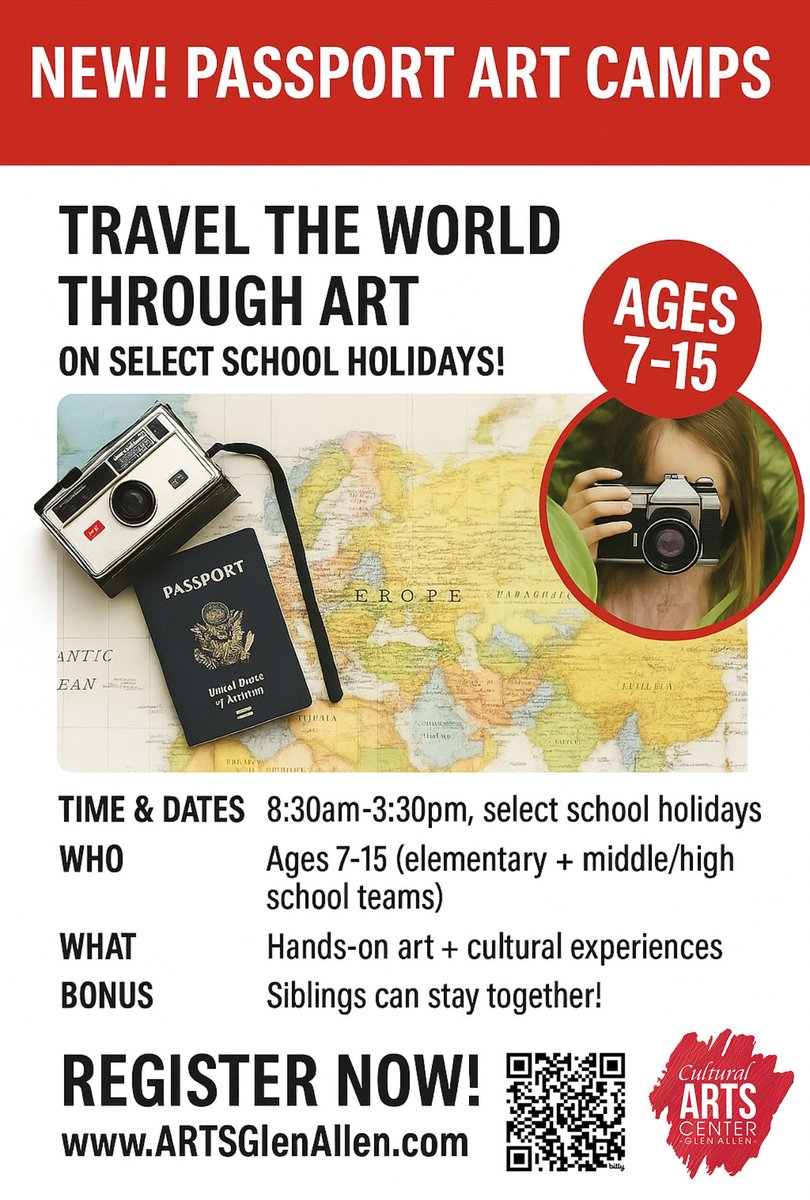 ArtsGlenAllen's tweet photo. SCHOOL'S OUT?
NO PROBLEM!

NEW! PASSPORT ART CAMPS FOR YOUTH!
Plan ahead for the school year with our NEW Passport Art Camps - Ages 7-15. Available on select school holidays!
https://t.co/MMseDZFzTl https://t.co/QD0ZYVHwlW