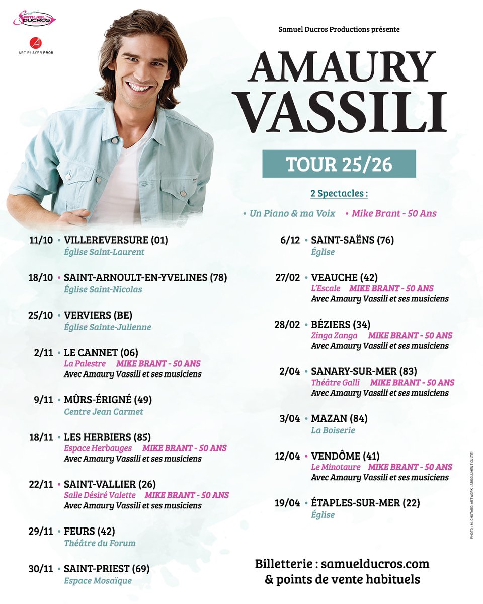 🎶 Amaury VASSILI poursuit sa tournée avec ses spectacles : des rencontres intimes entre émotion et virtuosité.
✨ Retrouvez le plus jeune ténor du monde sur scène pour des instants uniques.
🎟️ Réservez vos places dès maintenant sur Fnac, Ticketnet et points de vente habituels !