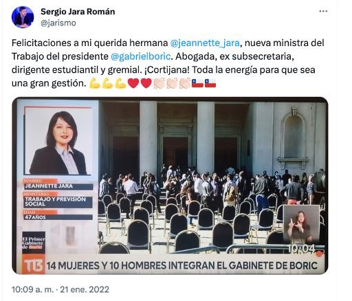 Sería una pena que se sepa que Valeska Quinteros, cuñada de <a href="/jeannette_jara/">Jeannette Jara Román</a> y esposa del editor de Chilevisión está apitutada desde 2023 en el Sernameg. O que hay otros hermanos de Jara trabajando en el estado. 
Cómo era? No más pitutos? 
Si, claro.
#Feliz4deSeptiembre