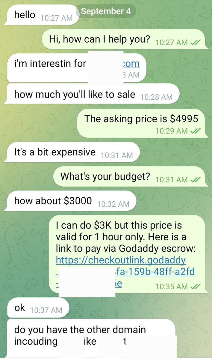 Sold a domain over Telegram today. This is why I use my own landers.

$3K sale in 5 minutes + buyer wants a few more domains. 

I'm more excited about the REPEATED business I'll get from this buyer than the $3K.