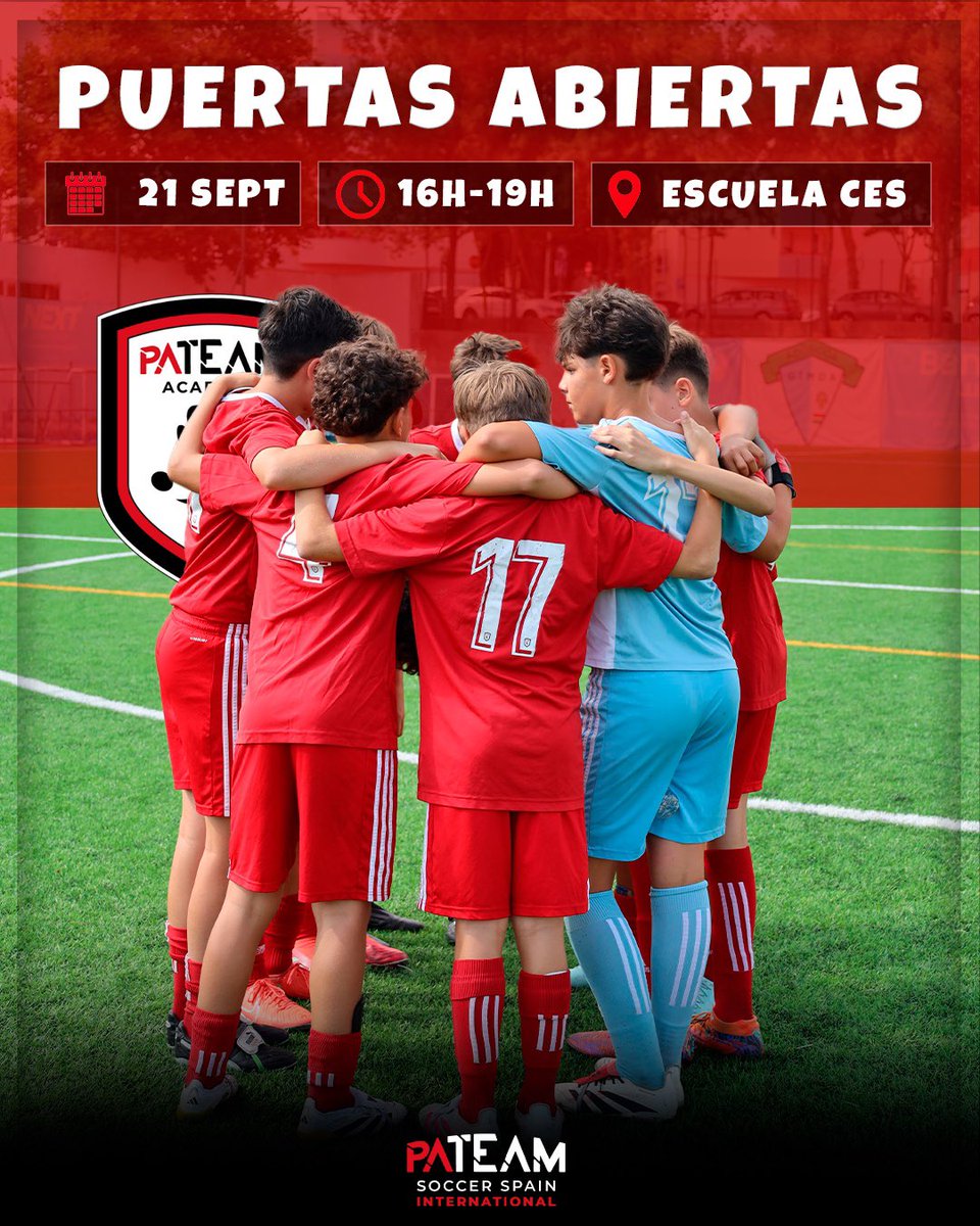 ACADEMY ⚽️ | 𝗣𝗨𝗘𝗥𝗧𝗔𝗦 𝗔𝗕𝗜𝗘𝗥𝗧𝗔𝗦 𝗠𝗔𝗦𝗖𝗨𝗟𝗜𝗡𝗢 🙌🏼

¿Quieres formar parte de PA Team? 🤩 ¡Te esperamos el 𝟮𝟭 𝗱𝗲 𝘀𝗲𝗽𝘁𝗶𝗲𝗺𝗯𝗿𝗲 en la Escuela CES! 

🕒 16-19h
🔥¡Únete a nuestra FAMILIA!

#PATeamAcademy #SomosPATeam #Madrid #PuertasAbiertas