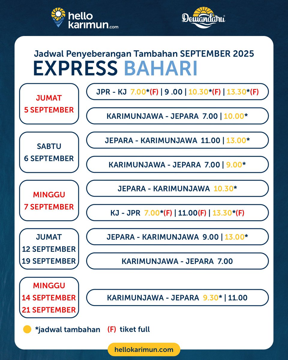 Jadwal penyeberangan tambahan September 2025. 👋🏻🤿🛍️
_
#Dewandaru
#OlehOleh
#Karimunjawa
#HelloKarimun
#MampirDewandaru
